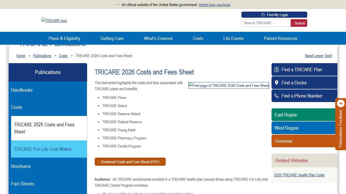 TRICARE 2026 Costs and Fees Sheet | TRICARE